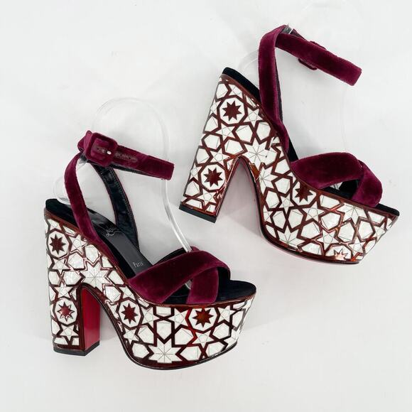 Christian Louboutin Burgundy Velvet Superyaz 160 Pearl Platform Sandal EU 37 - Picture 3 of 12